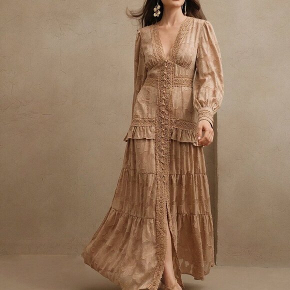 Khaki Elegant Womens Ruched V-Neck Puff Sleeve Slim Fit Maxi Dress - Picture 7 of 7